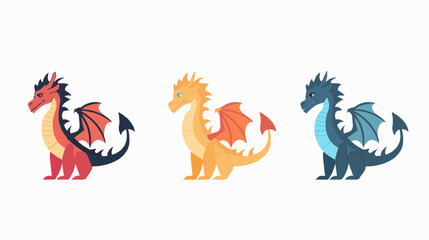 Obraz premium Three colorful cartoon dragons. Fantasy dragon character vector set isolated on a white background.