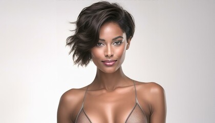Fototapeta premium studio portrait of brunette woman with short hair and transparent bikini on white background