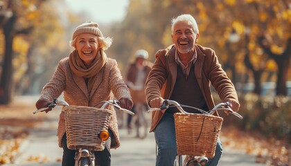 A happy senior couple rides bicycles through an autumn park, enjoying the colorful scenery and their cheerful companionship, depicting an active and joyful lifestyle.