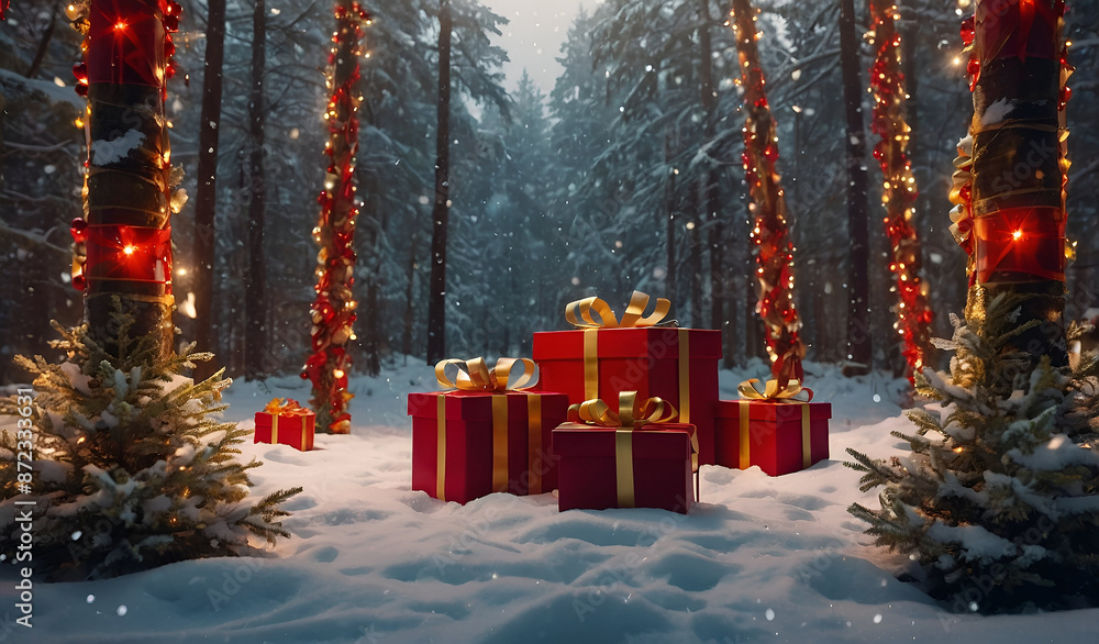 Fototapete Illuminated christmas trees with red and golden garlands into a forest with snowy flakes with shape of stars close to xmas gifts in red boxes , Generative AI illustration