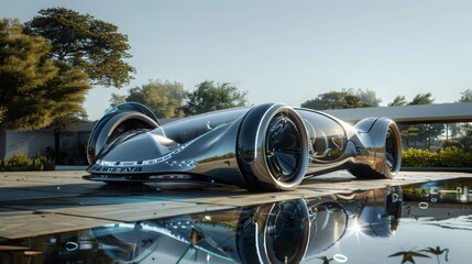 Futuristic concept car with exposed wheels parked on a driveway in front of a modern house. Silver exterior reflects surroundings, hinting at future transportation.
