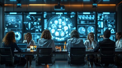 Team of Professionals Working in a Modern Control Room With Large Data Visualizations