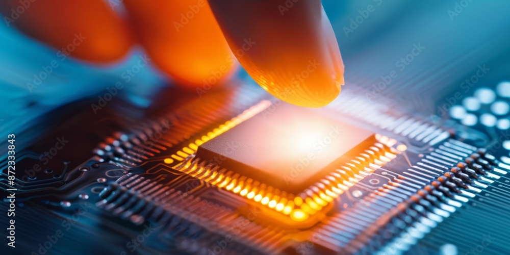 Aufkleber Fingertip touching an illuminated microchip on a circuit board, emphasizing the integration of advanced technology and digital innovation