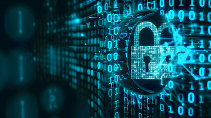 Binary code background with lock and key symbolizing internet security concept. Concept Cybersecurity, Binary Code, Lock and Key Symbol, Internet Security Concept, Technology Theme