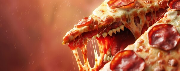 Angry pizza slice with realistic teeth on a yellow background. Free copy space for text.
