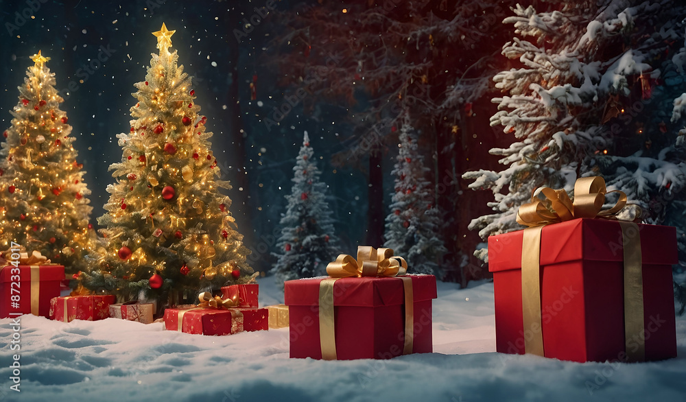 Fototapete Illuminated christmas trees with red and golden garlands into a forest with snowy flakes with shape of stars close to xmas gifts in red boxes , Generative AI illustration