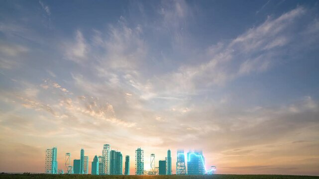 Futuristic landscape with animation of the construction of a halographic city against the backdrop of a time lapse of a beautiful sunset in a field