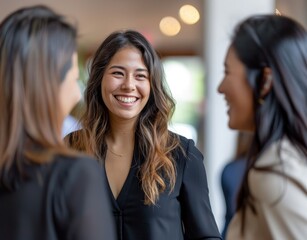 photo shows two women and one man in their late thirties smiling and talking to each other at an office event