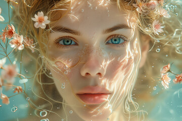 Portrait of a delicate blonde woman's face with green blue eyes in the water covered with summer wildflowers. Hyperrealistic skin texture.