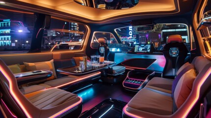 A spacious luxury van interior with plush seating, a sleek table, and a view of a vibrant night city.