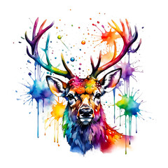 Portrait Hirsch Bulle mit Geweih in regenbogen bunten Wasserfarben mit Spritzern und Kleksen vor einem weißen Hintergrund, wild lebende Tiere Europa Nordamerika Nationalpark Zoo Tierpark Wildnis