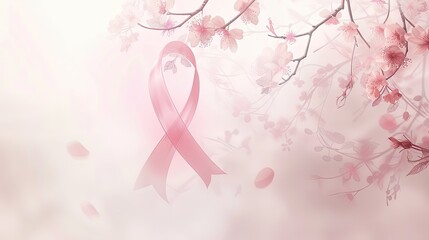 Ruban rose entouré de fleurs de cerisier sur fond clair, symbolisant la lutte contre le cancer