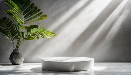 White background for product presentation with podium to showcase product illuminated by multiple beams of light