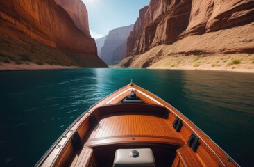 Fototapeta premium Close-up. The bow of a yacht moving along the river along a canyon.