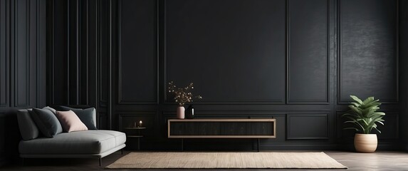 Elegant modern living room with dark walls, minimalist decor, a cozy sofa, indoor plant, and wooden console, creating a sophisticated and relaxing atmosphere