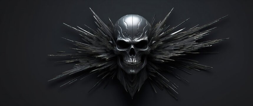A detailed, metallic skull with spikes on a dark background, evoking a gothic and eerie atmosphere  Perfect for Halloween or horror themed designs