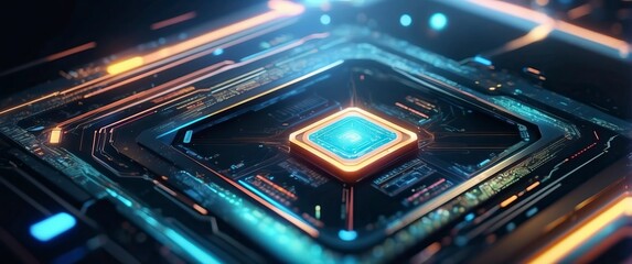 Futuristic microchip embedded in a circuit board, showcasing advanced technology and innovation  Perfect for tech industry, AI, and modern electronics concepts