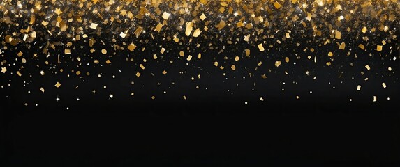 A luxurious black background adorned with scattered gold confetti, ideal for glamorous celebrations or festive events like New Year's, weddings, and anniversaries