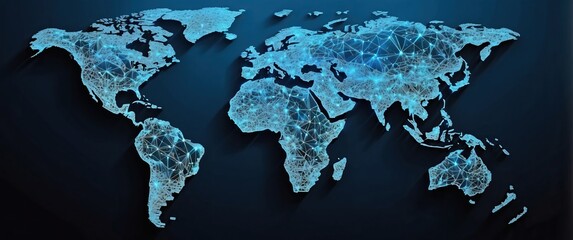 Futuristic digital world map with glowing interconnected networks, symbolizing global connectivity, technology, and modern communication