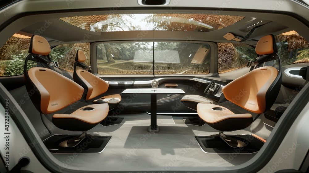 Poster a view of the spacious interior of a modern car with large windows and a table in the middle. there 