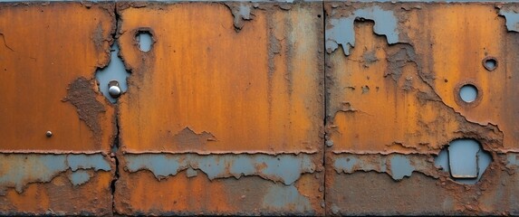 A grungy, rusted metal surface with peeling paint and weathered texture, capturing the essence of decay and industrial vintage aesthetics  Ideal for background use