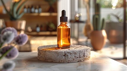 A bottle of facial oil stands on a stone podium in a minimalist setting with a light gray background. Perfect for high-end beauty and skincare advertisements