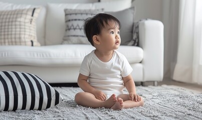 A Chinese baby, 1.5 years old, enjoying playtime on a plush carpet. Ideal for family lifestyle blogs, early childhood education materials, and baby product promotions