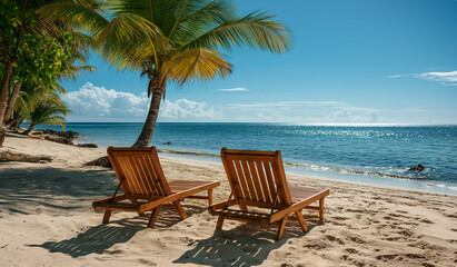 Two wooden sun loungers on the beach with palm trees and blue sea in tropical island