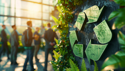 Green recycle symbol icon sign with professional environment background to represent recycling or sorting of waste at office and for working people