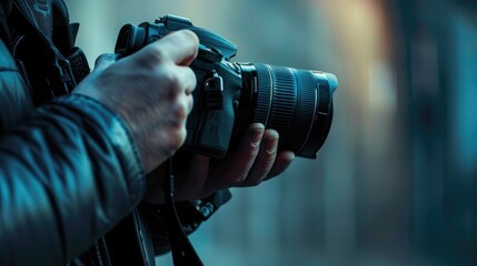 Side view hands holding photo camera.