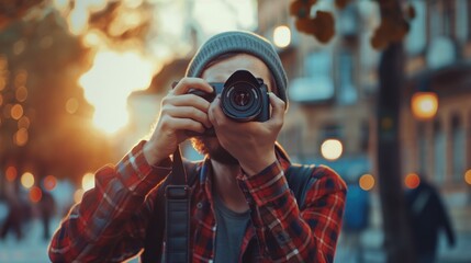 Fototapeta premium Hipster style tourist taking photo with camera