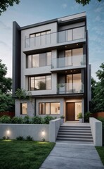 A Contemporary Dwelling with Stylish Architecture, Beautiful Exterior Design, and a Serene Garden Setting. Perfect Family Home in a Residential Neighborhood, Featuring Thoughtful Construction