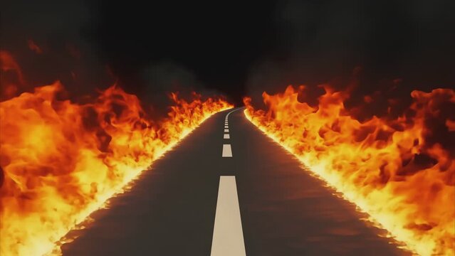 The road is on fire. Straight highway and fire on both sides. created by AI