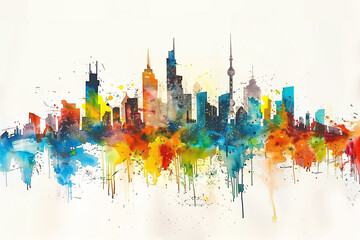 Obraz premium Berlin skyline in watercolor. Colored graffiti-esque, splatter paintings, bold colours, white background, spectacular backdrops