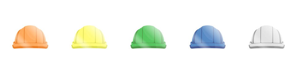 Set of construction helmets vector. Safety helmet on construction site. Builder's helmet different colors. Front view of protective headgear. Subject of head protection in production vector.