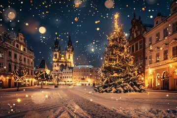 Beautiful Christmas tree in a town square at night.