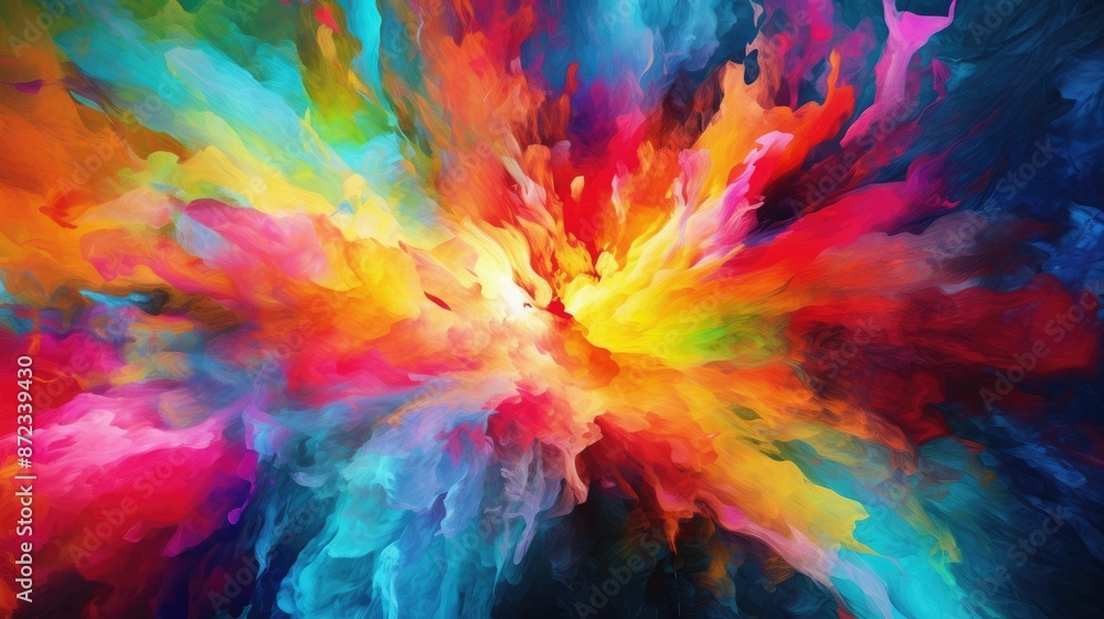 Poster explosive color burst in orange and blue. horizontal image of exploding motion of multicolored powde