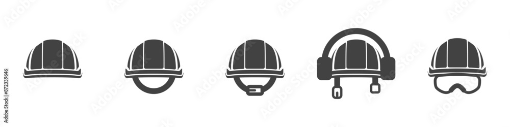 Poster a set of construction helmets. head protection at work. gray helmets with various protective element