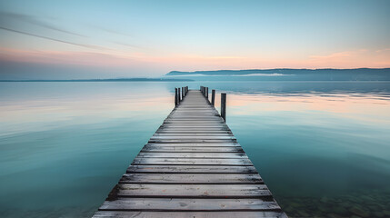 Obraz premium Serene pier extending into a tranquil lake at sunrise, with pastel sky and calm water reflection, ideal for travel, nature, or relaxation themes. Contains copy space.