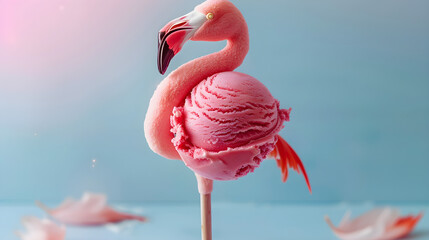 Creative whimsical composition of a flamingo and pink ice cream featuring pastel colors, ideal for summer-themed designs, ads, or social media with ample copy space.