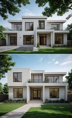 A Contemporary Dwelling with Stylish Architecture, Beautiful Exterior Design, and a Serene Garden Setting. Perfect Family Home in a Residential Neighborhood, Featuring Thoughtful Construction