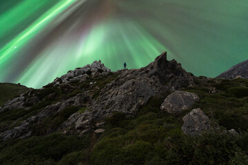 Lone anonymous traveler witnessing vibrant spring aurora over mountains