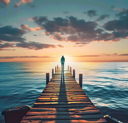 Obraz premium A person stands at the end of a wooden pier during sunset over a calm ocean. Ideal for travel, relaxation, and summer-themed designs. The image offers copy space.