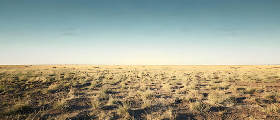 Naklejka premium An expansive desert landscape with sparse grasses under a clear sky, offering a sense of tranquility and isolation. Suitable for travel, nature, and environmental themes. Copy space available.