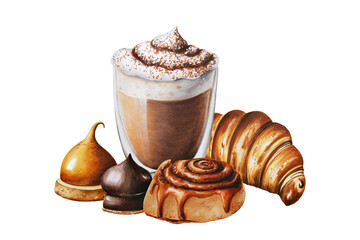 Fluffy foam mocha illustration coffee in a glass cup with cinnamon bun, marshmallows in chocolate, croissant. Hand painting on isolated background. For designers, menu, shop, bar, bistro, restaurant, 