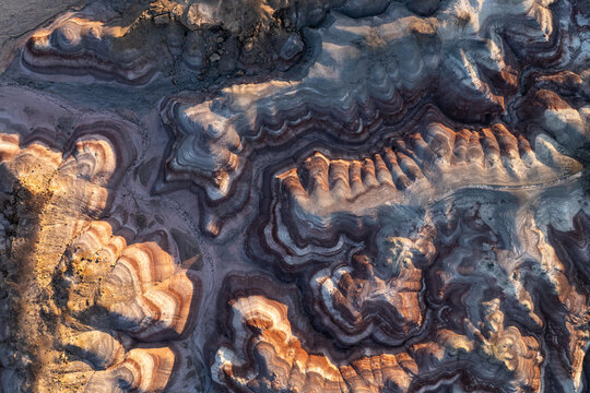 Aerial view of bentonite hills showing intricate patterns
