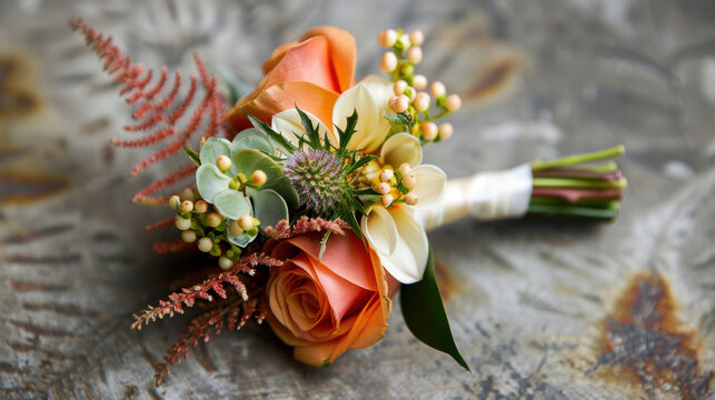 A groom's boutonniere with fresh flowers, wedding preparation accessories