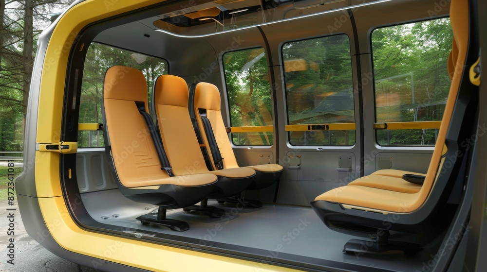 Poster A view of the interior of a yellow electric vehicle, showing rows of seats with black frames and yellow cushions, and a large window providing a view of the outdoors.