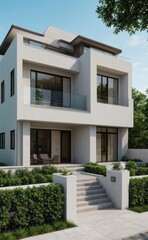 Fototapeta premium A Contemporary Dwelling with Stylish Architecture, Beautiful Exterior Design, and a Serene Garden Setting. Perfect Family Home in a Residential Neighborhood, Featuring Thoughtful Construction