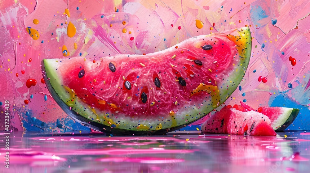 Poster watermelon slice splashing on colorful background